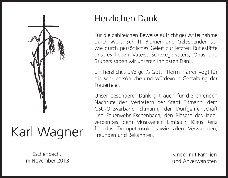  Traueranzeige für Karl Wagner vom 16.11.2013 aus MGO