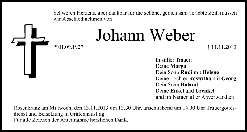  Traueranzeige für Johann Weber vom 12.11.2013 aus MGO