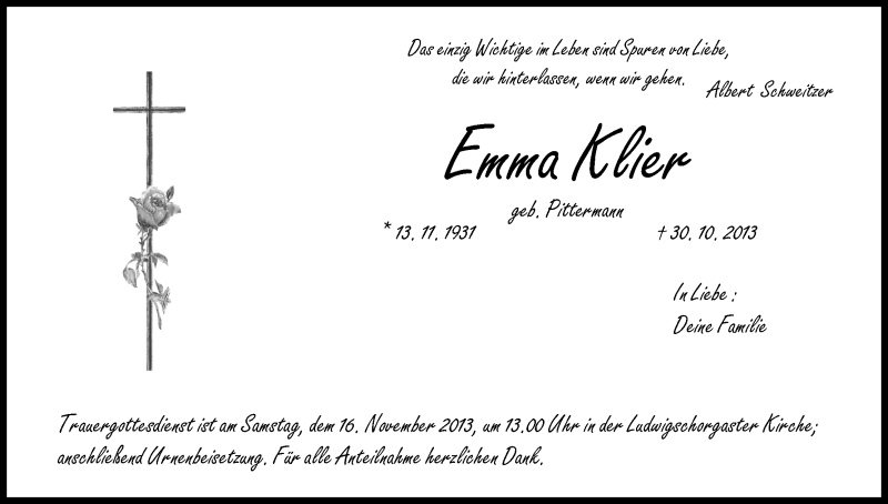  Traueranzeige für Emma Klier vom 14.11.2013 aus MGO