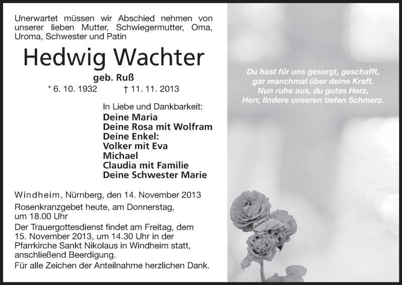  Traueranzeige für Hedwig Wachter vom 14.11.2013 aus MGO