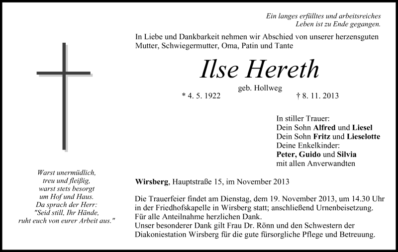  Traueranzeige für Ilse Hereth vom 16.11.2013 aus MGO