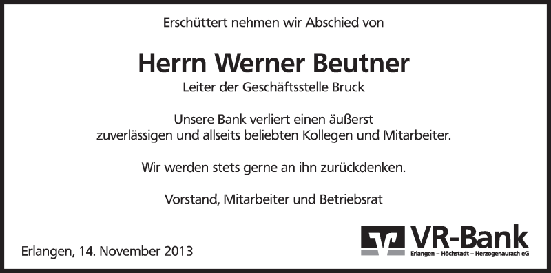  Traueranzeige für Werner Beutner vom 14.11.2013 aus MGO