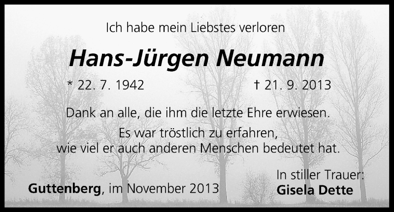  Traueranzeige für Hans-Jürgen Neumann vom 18.11.2013 aus MGO