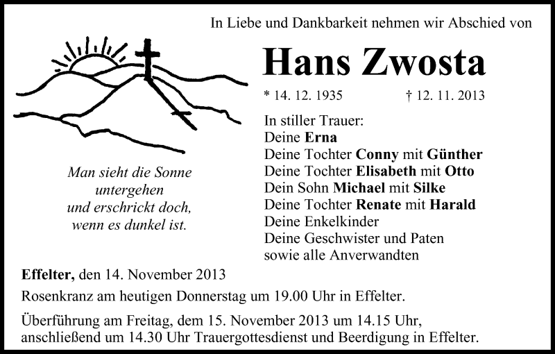  Traueranzeige für Hans Zwosta vom 14.11.2013 aus MGO