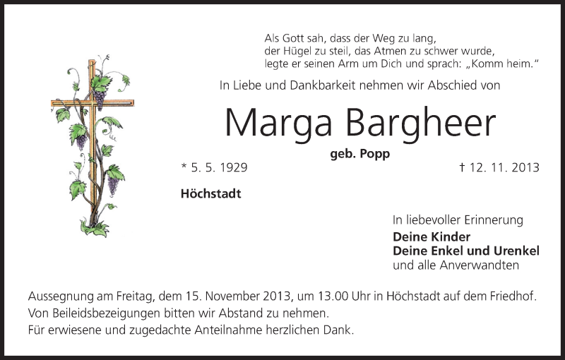  Traueranzeige für Marga Bargheer vom 14.11.2013 aus MGO