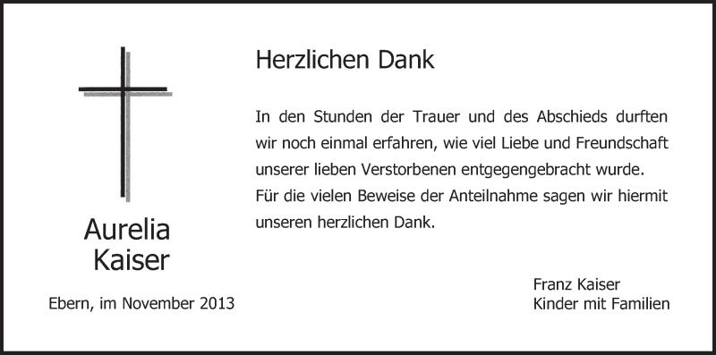  Traueranzeige für Aurelia Kaiser vom 16.11.2013 aus MGO