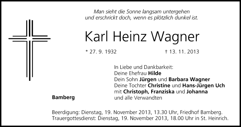  Traueranzeige für Karl Heinz Wagner vom 15.11.2013 aus MGO