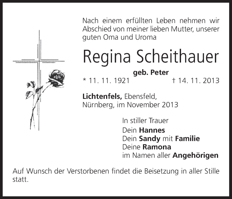  Traueranzeige für Regina Scheithauer vom 16.11.2013 aus MGO