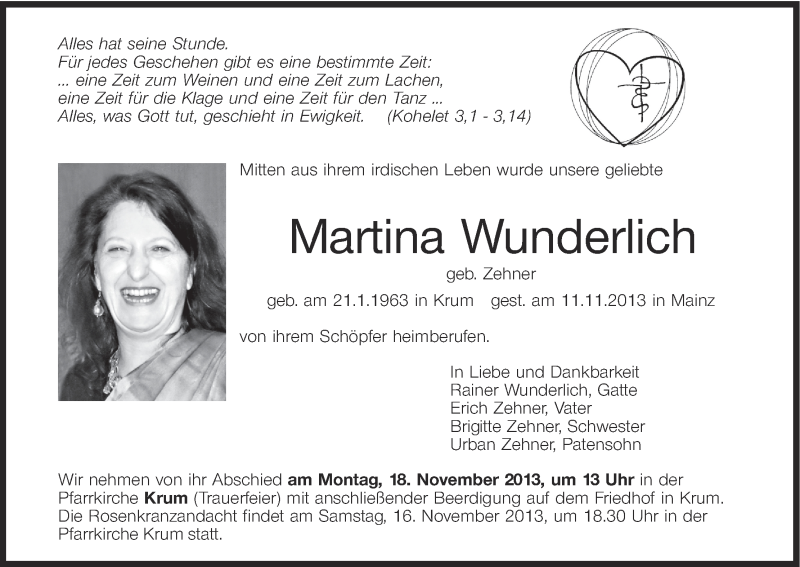  Traueranzeige für Martina Wunderlich vom 16.11.2013 aus MGO