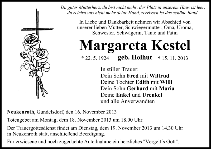  Traueranzeige für Margareta Kestel vom 16.11.2013 aus MGO
