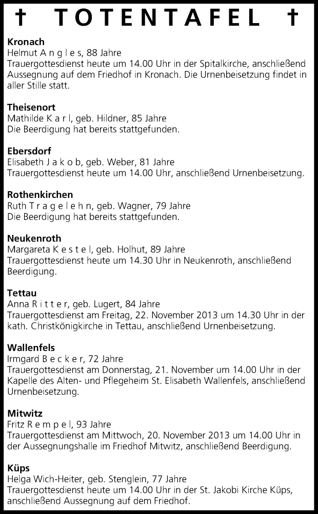  Traueranzeige für Totentafel vom 19.11.2013 vom 19.11.2013 aus MGO
