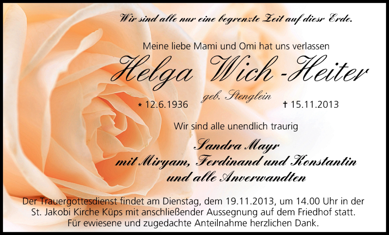  Traueranzeige für Helga Wich-Heiter vom 18.11.2013 aus MGO