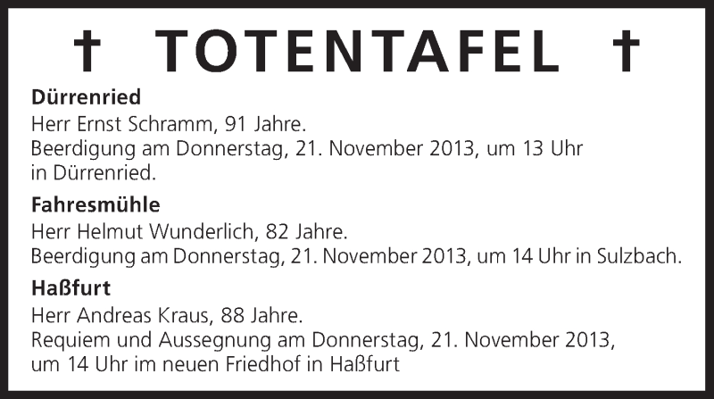  Traueranzeige für Totentafel vom 20.11.2013 vom 20.11.2013 aus MGO