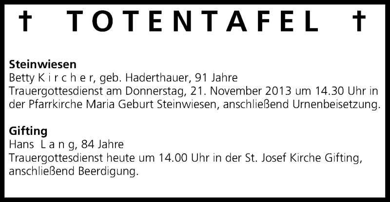  Traueranzeige für Totentafel vom 20.11.2013 vom 20.11.2013 aus MGO