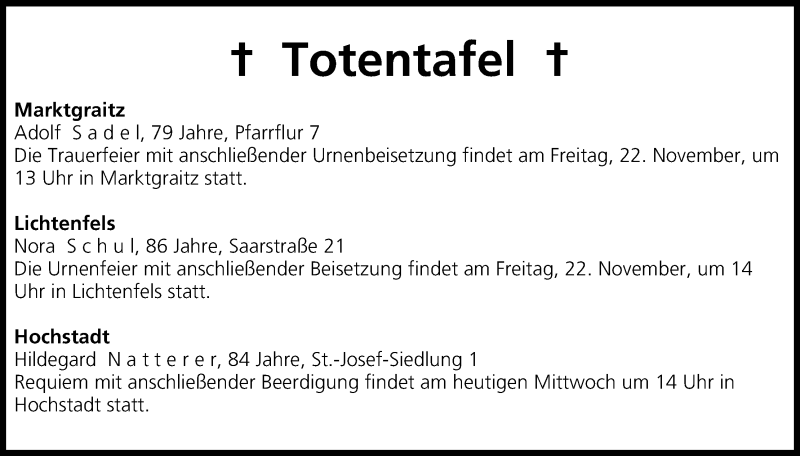  Traueranzeige für Totentafel vom 20.11.2013 vom 20.11.2013 aus MGO