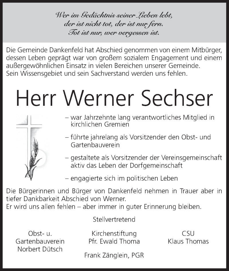  Traueranzeige für Werner Sechser vom 23.11.2013 aus MGO