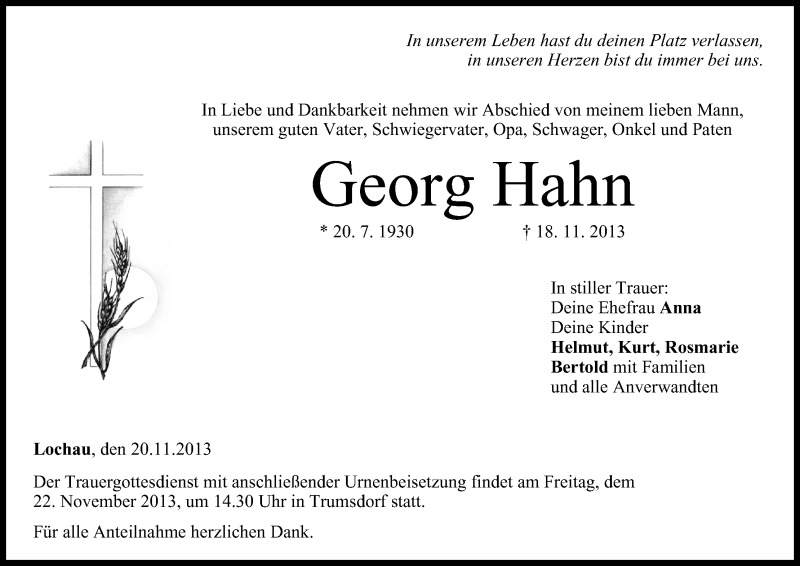  Traueranzeige für Georg Hahn vom 20.11.2013 aus MGO