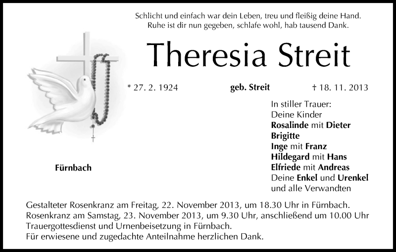  Traueranzeige für Theresia Streit vom 21.11.2013 aus MGO