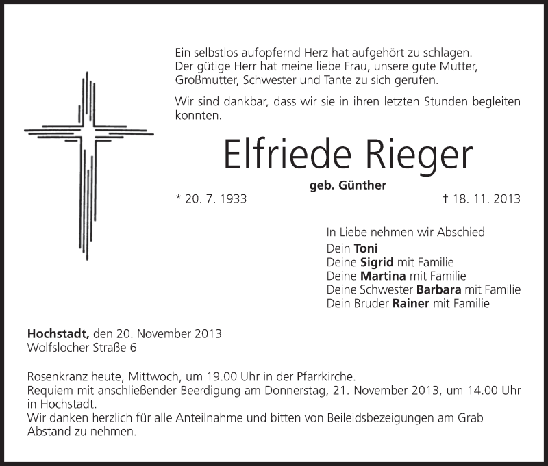  Traueranzeige für Elfriede Rieger vom 20.11.2013 aus MGO