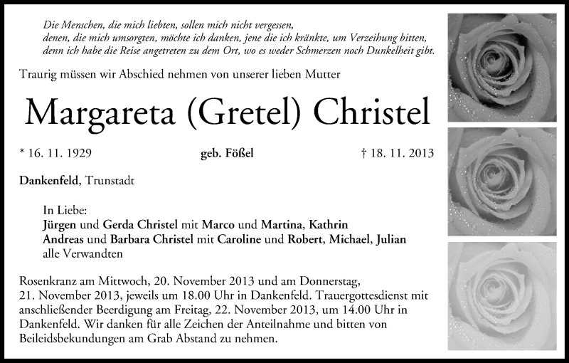  Traueranzeige für Margareta Christel vom 20.11.2013 aus MGO