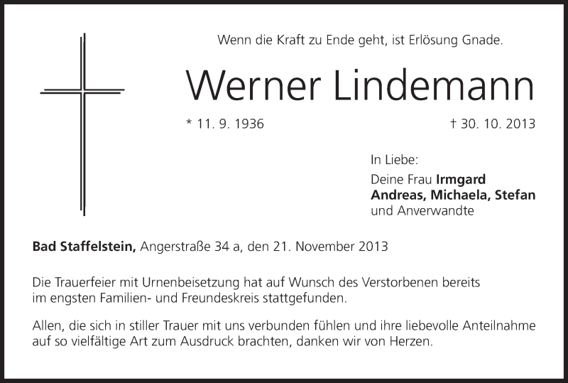  Traueranzeige für Werner Lindemann vom 21.11.2013 aus MGO