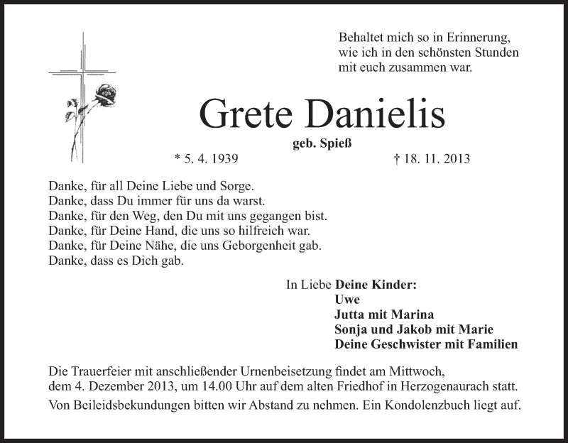  Traueranzeige für Grete Danielis vom 23.11.2013 aus MGO