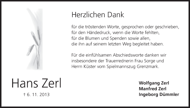  Traueranzeige für Hans Zerl vom 23.11.2013 aus MGO