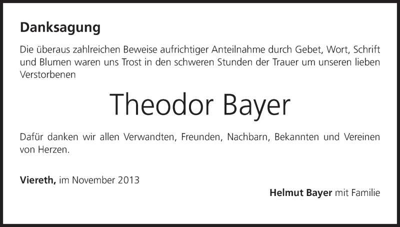 Traueranzeige für Theodor Bayer vom 23.11.2013 aus MGO
