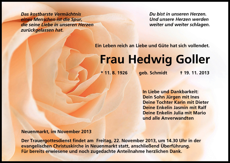  Traueranzeige für Hedwig Goller vom 21.11.2013 aus MGO