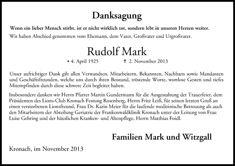  Traueranzeige für Rudolf Mark vom 21.11.2013 aus MGO