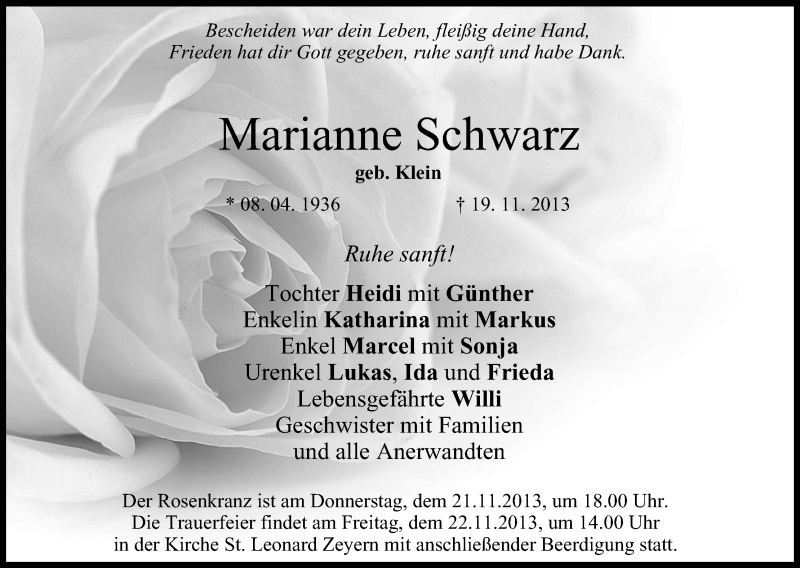  Traueranzeige für Marianne Schwarz vom 21.11.2013 aus MGO