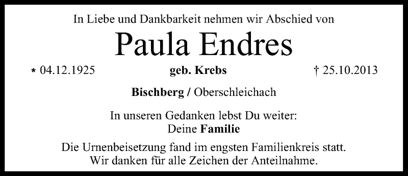  Traueranzeige für Paula Endres vom 23.11.2013 aus MGO