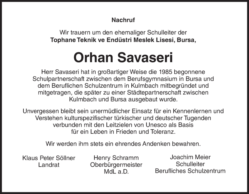  Traueranzeige für Orhan Savaseri vom 23.11.2013 aus MGO