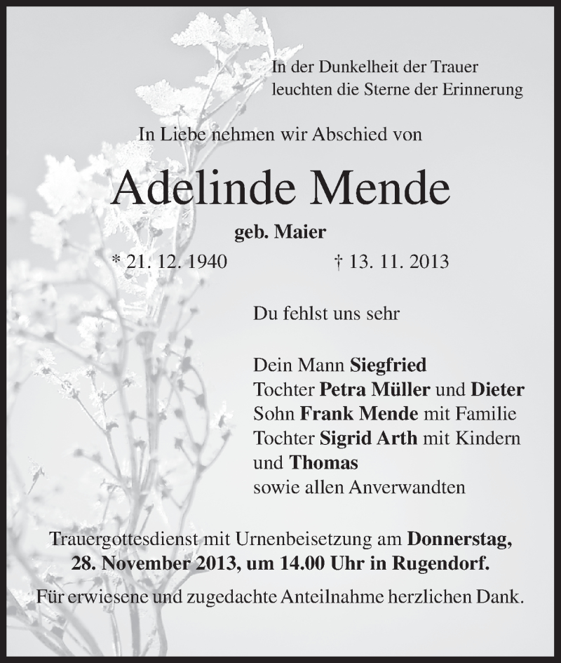  Traueranzeige für Adelinde Mende vom 26.11.2013 aus MGO
