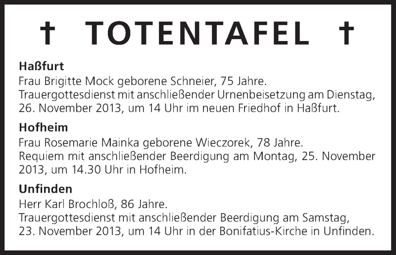  Traueranzeige für Totentafel vom 23.11.2013 vom 23.11.2013 aus MGO