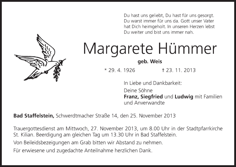  Traueranzeige für Margarete Hümmer Weis vom 25.11.2013 aus MGO