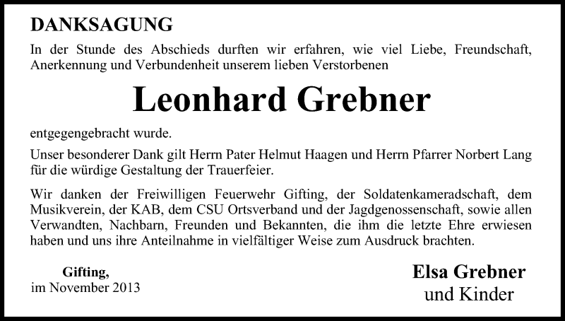  Traueranzeige für Leonhard Grebner vom 26.11.2013 aus MGO