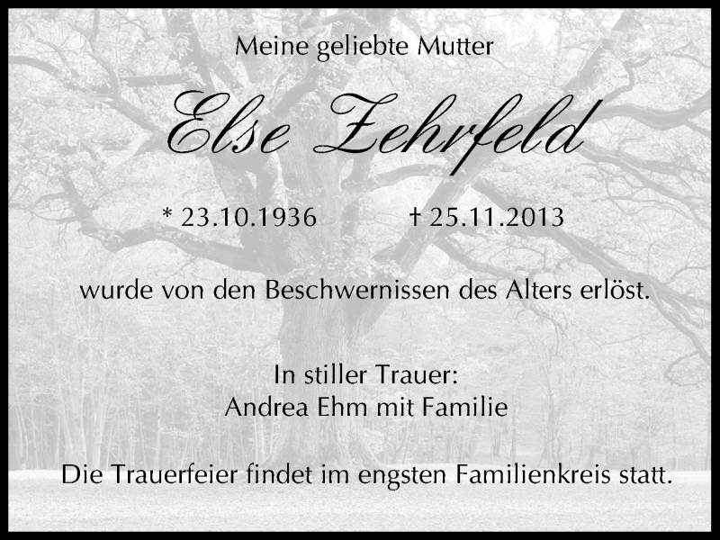  Traueranzeige für Else Zehrfeld vom 30.11.2013 aus MGO