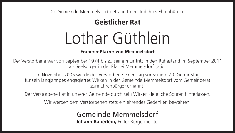  Traueranzeige für Lothar Güthlein vom 27.11.2013 aus MGO