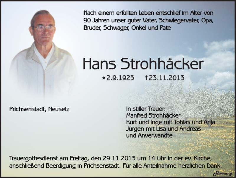 Traueranzeige für Hans Strohhäcker vom 27.11.2013 aus MGO