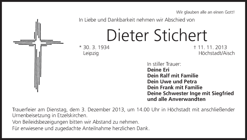  Traueranzeige für Dieter Stichert vom 30.11.2013 aus MGO