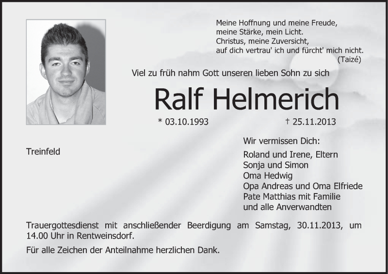  Traueranzeige für Ralf Helmerich vom 28.11.2013 aus MGO