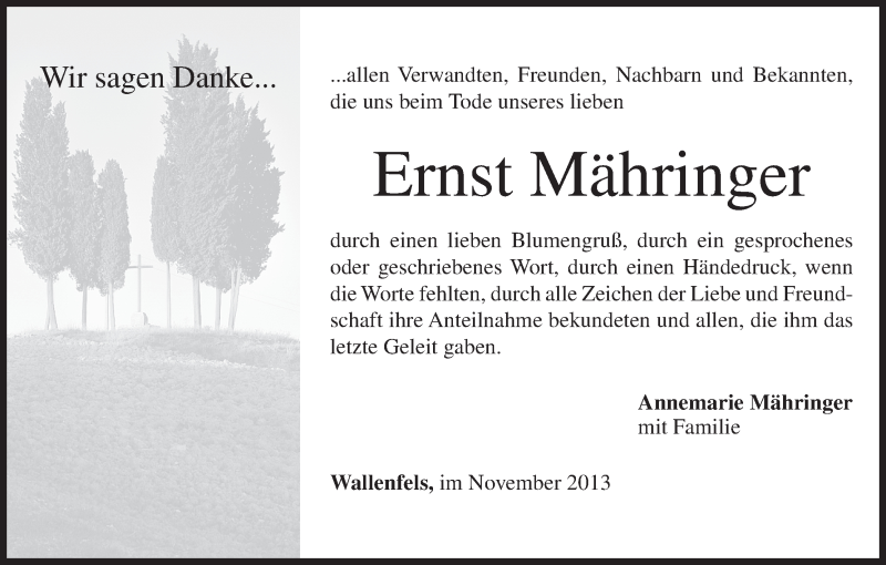  Traueranzeige für Ernst Mähringer vom 30.11.2013 aus MGO