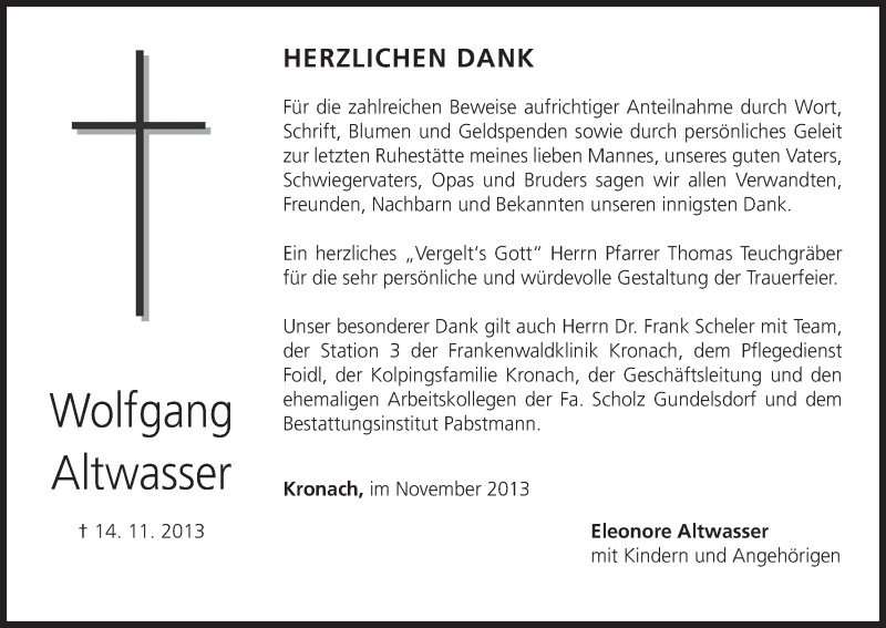  Traueranzeige für Wolfgang Altwasser vom 30.11.2013 aus MGO