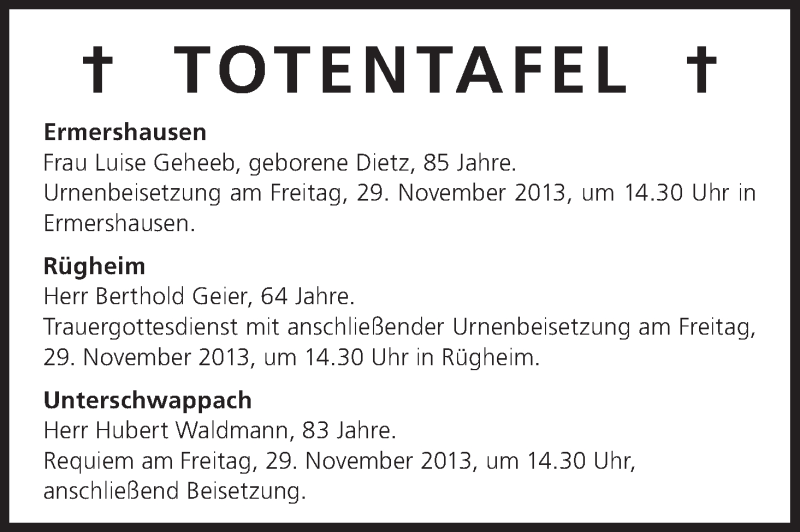  Traueranzeige für Totentafel vom 28.11.2013 vom 28.11.2013 aus MGO
