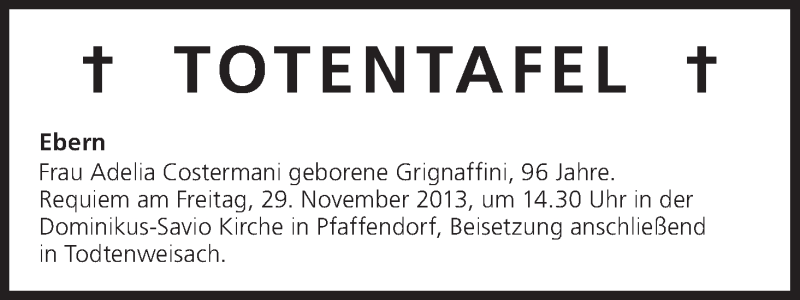  Traueranzeige für Totentafel vom 29.11.2013 vom 29.11.2013 aus MGO