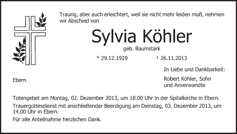  Traueranzeige für Sylvia Köhler vom 30.11.2013 aus MGO