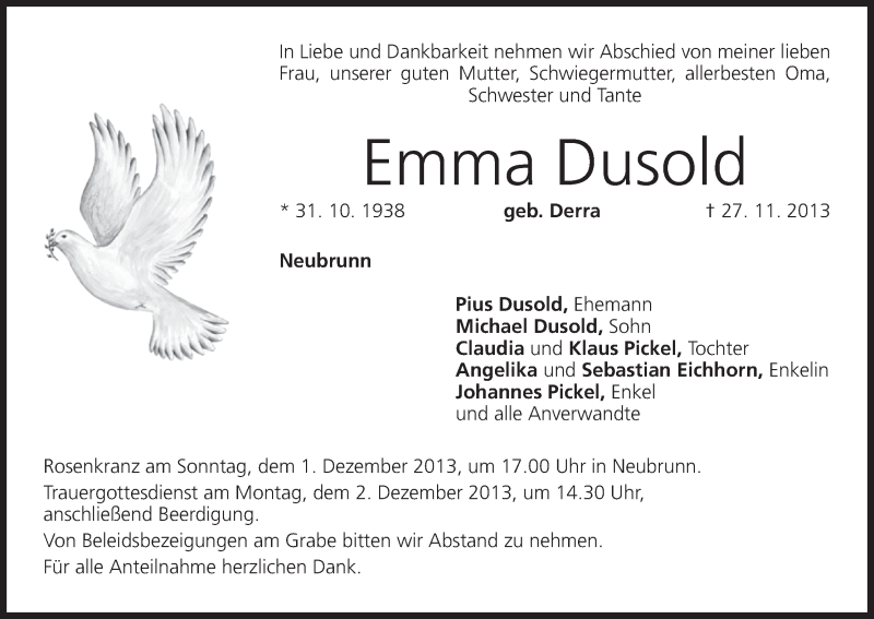  Traueranzeige für Emma Dusold vom 29.11.2013 aus MGO
