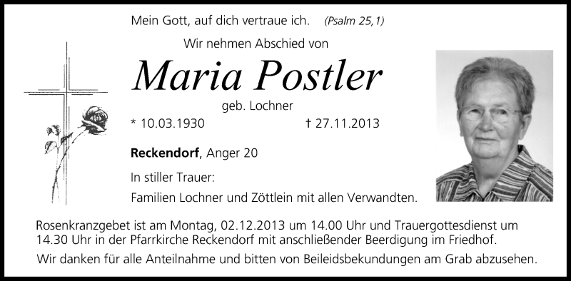 Traueranzeige für Maria Postler vom 30.11.2013 aus MGO