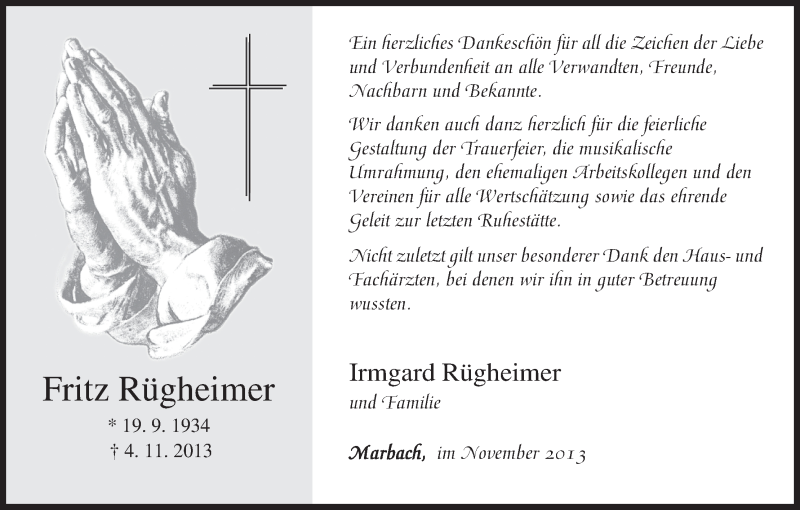  Traueranzeige für Fritz Rügheimer vom 30.11.2013 aus MGO